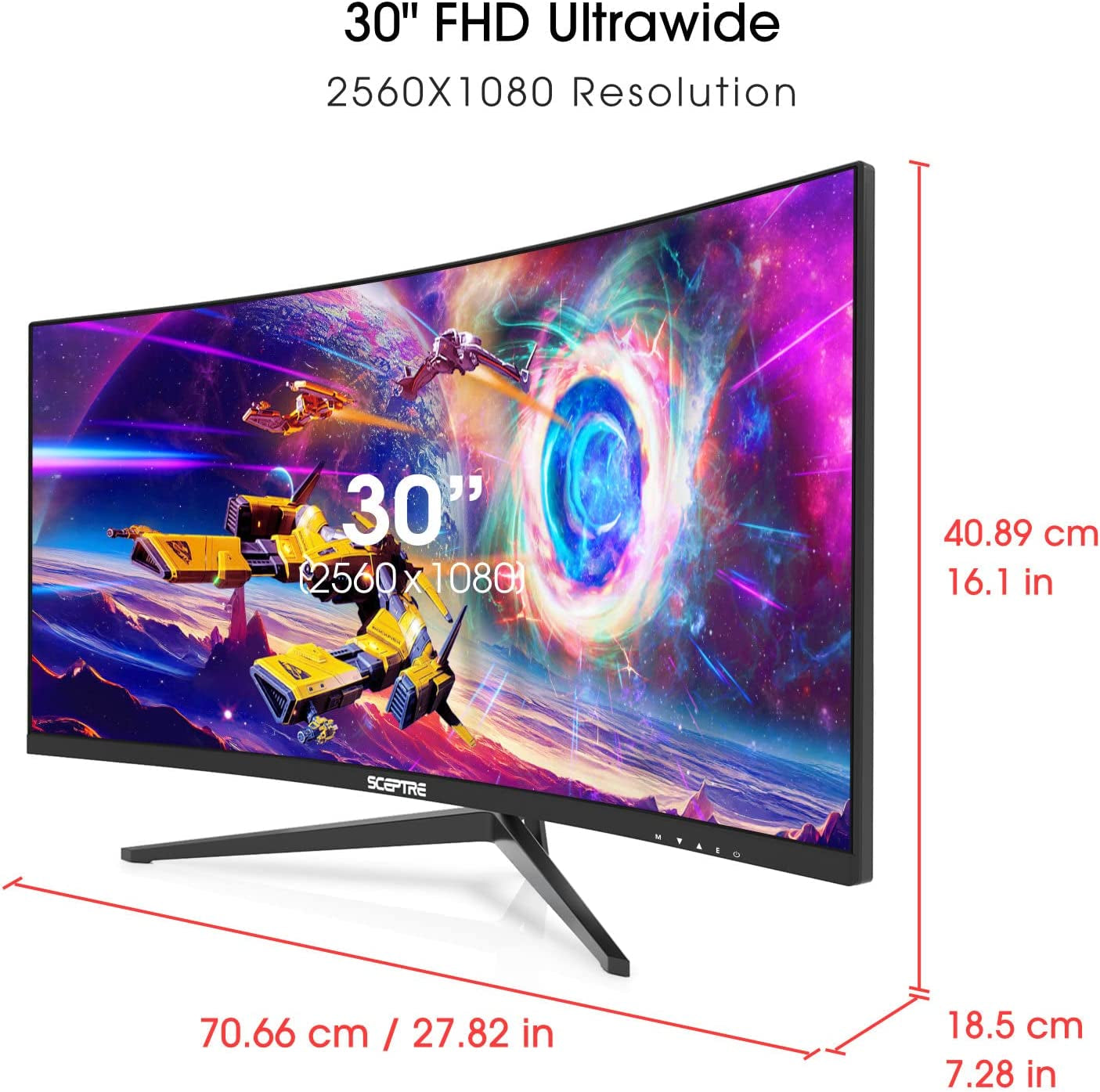 30-Inch Ultra Wide Curved Gaming Monitor - 21:9, 2560x1080, 200Hz, HDMI/DisplayPort, Built-In Speakers, Sleek Metal Black Design