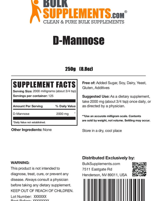 Load image into Gallery viewer, Bulksupplements D-Mannose Powder - D-Mannose Supplement, Dietary Supplement - Unflavored, 2G per Serving, 250G (8.8 Oz)
