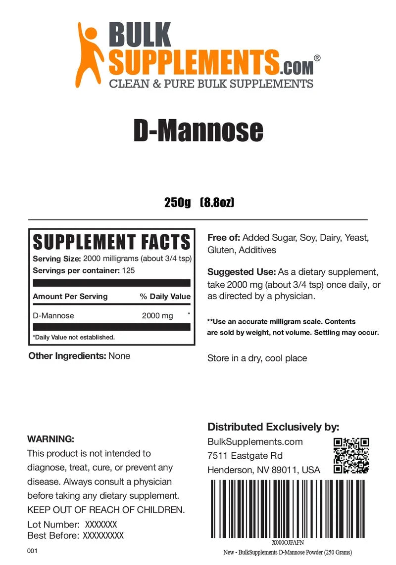 Bulksupplements D-Mannose Powder - D-Mannose Supplement, Dietary Supplement - Unflavored, 2G per Serving, 250G (8.8 Oz)
