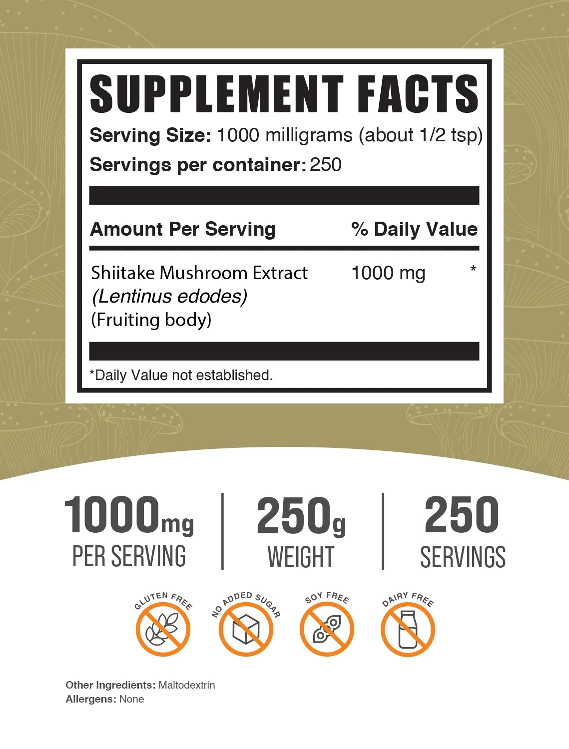 Bulksupplements Shiitake Mushroom Extract Powder - Mushroom Supplement, Vegan & Herbal - 1G per Serving, 250G (8.8 Oz)