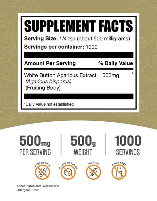 Load image into Gallery viewer, Bulksupplements White Button Mushroom Extract Powder - Herbal Supplement, Agaricus Bisporus Extract - Vegan, 500Mg per Serving, 500G (1.1 Lbs)
