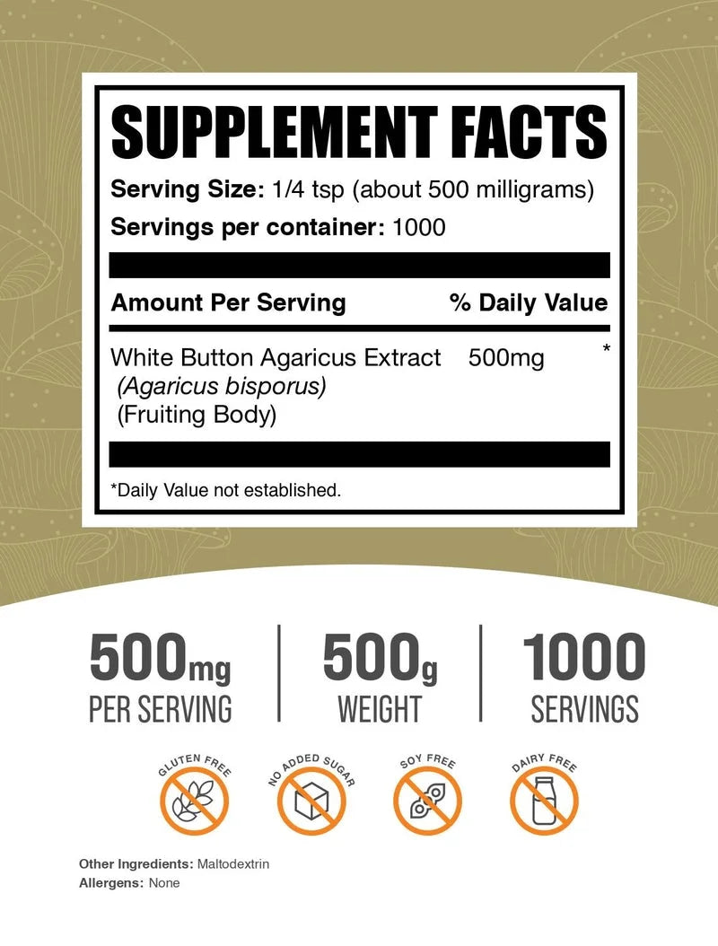 Bulksupplements White Button Mushroom Extract Powder - Herbal Supplement, Agaricus Bisporus Extract - Vegan, 500Mg per Serving, 500G (1.1 Lbs)