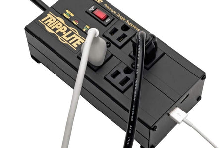 Isobar 4-Outlet Surge Protector Power Strip with 2 USB Ports, 8ft Cord, Right-Angle Plug, Metal Design, 3330 Joules Protection, Lifetime Warranty & $50K Insurance