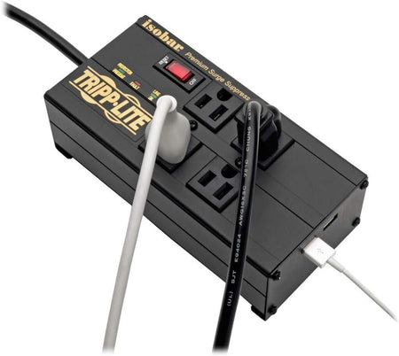 Isobar 4-Outlet Surge Protector Power Strip with 2 USB Ports, 8ft Cord, Right-Angle Plug, Metal Design, 3330 Joules Protection, Lifetime Warranty & $50K Insurance