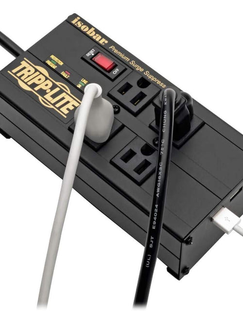 Load image into Gallery viewer, Isobar 4-Outlet Surge Protector Power Strip with 2 USB Ports, 8ft Cord, Right-Angle Plug, Metal Design, 3330 Joules Protection, Lifetime Warranty &amp; $50K Insurance
