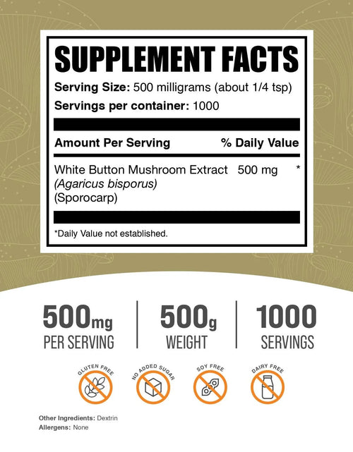 Load image into Gallery viewer, Bulksupplements White Button Mushroom Extract Powder - Herbal Supplement, Agaricus Bisporus Extract - Vegan, 500Mg per Serving, 500G (1.1 Lbs)

