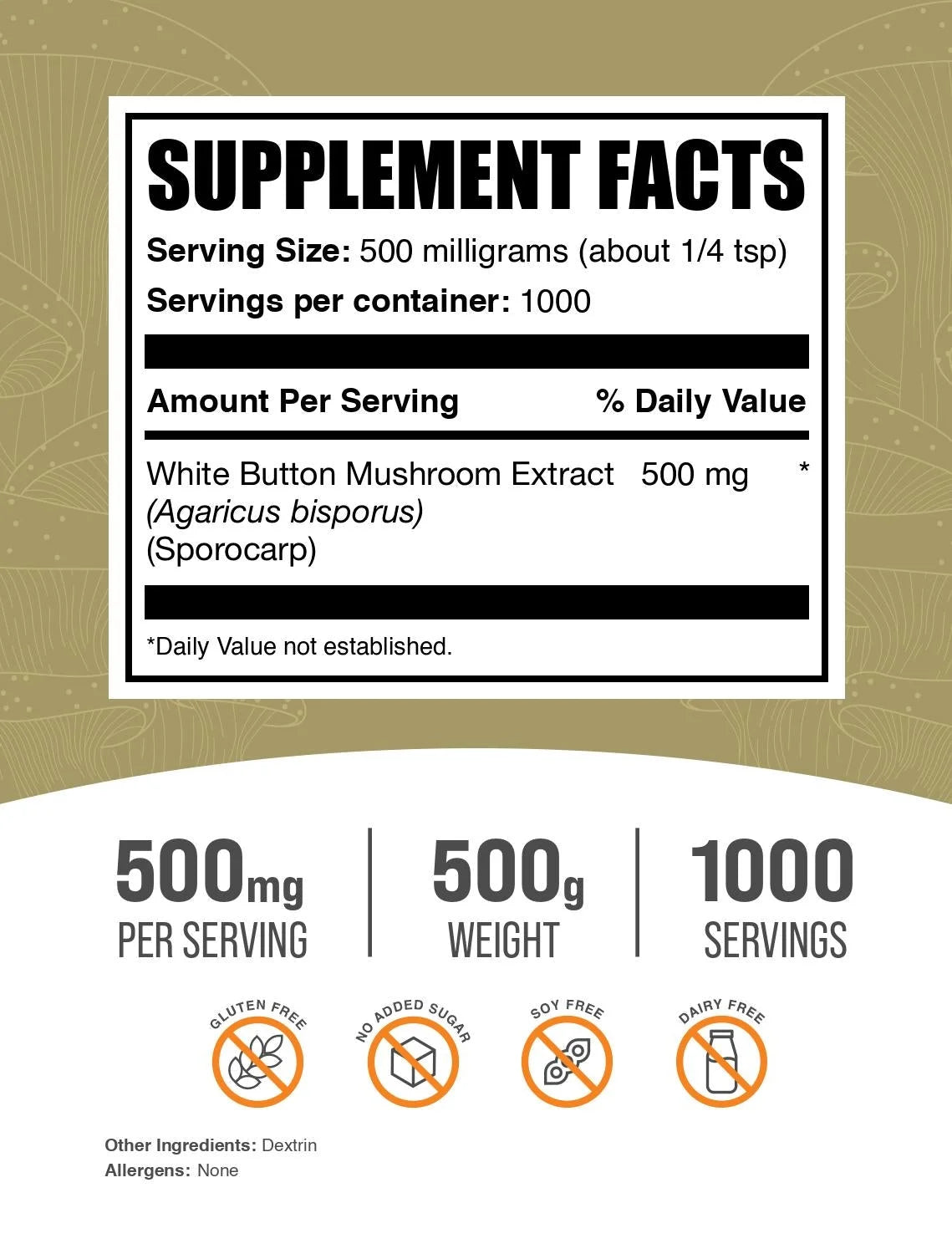 Bulksupplements White Button Mushroom Extract Powder - Herbal Supplement, Agaricus Bisporus Extract - Vegan, 500Mg per Serving, 500G (1.1 Lbs)