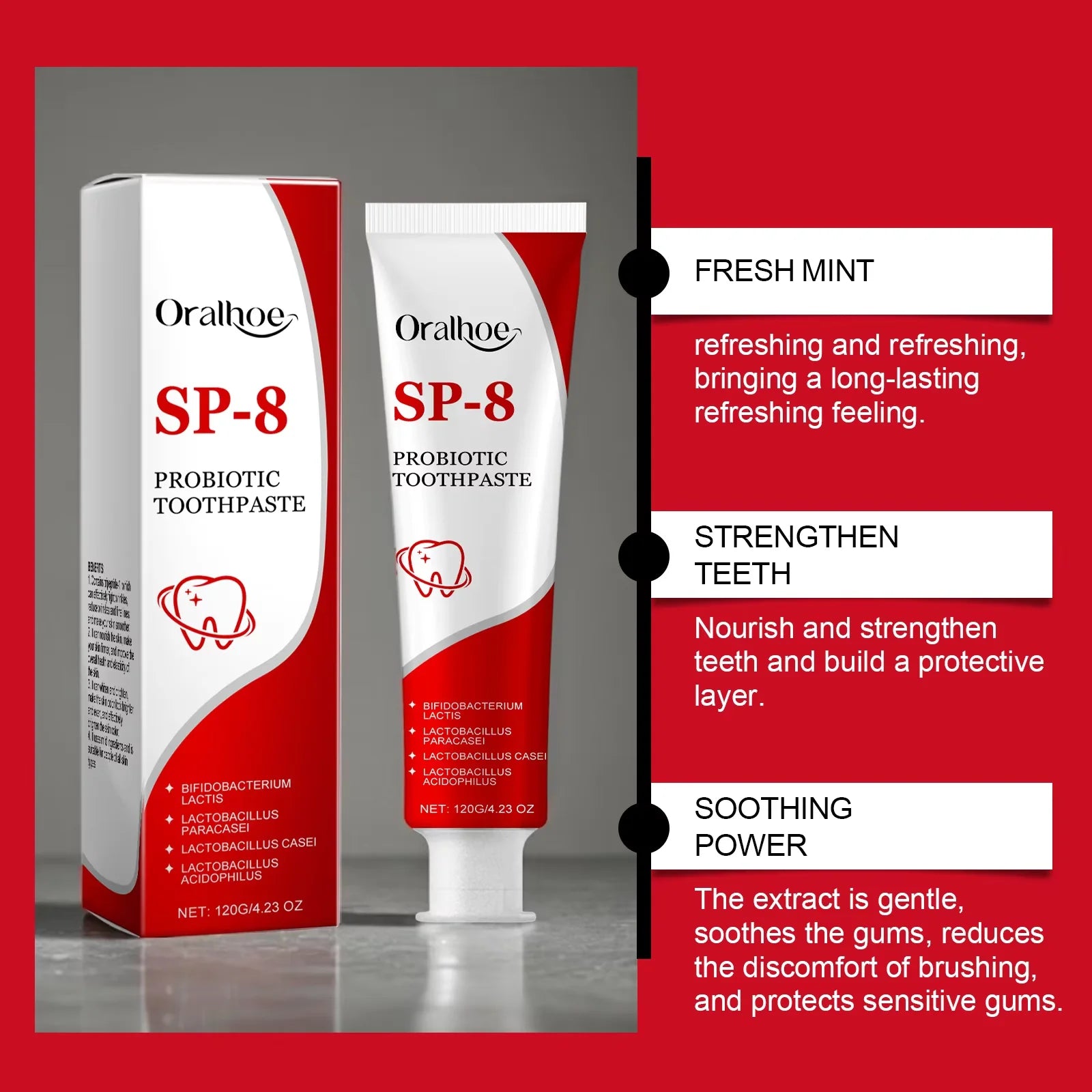 Sp-8 Probiotic Toothpaste - Brightening Mint Formula for Fresh Breath, Deep Cleaning, and Plaque Removal for Whiter Teeth