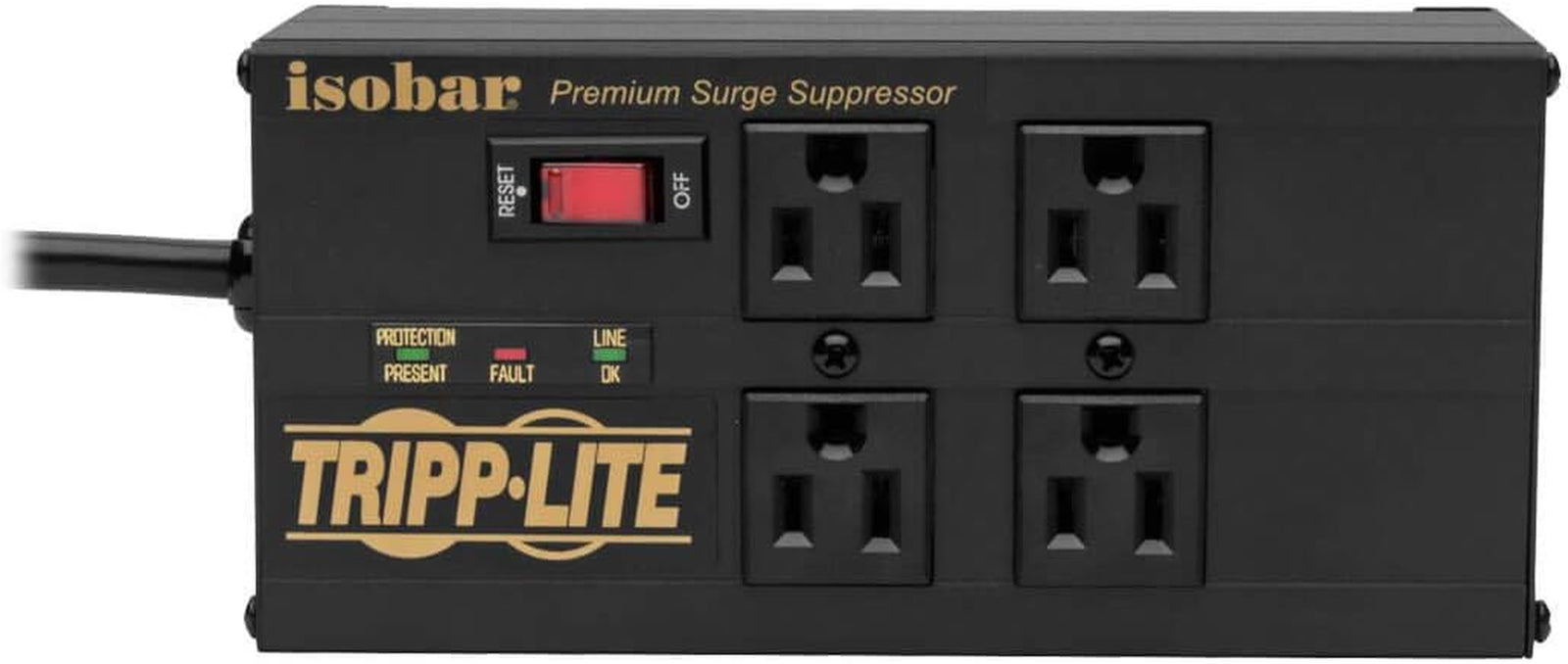 Isobar 4-Outlet Surge Protector Power Strip with 2 USB Ports, 8ft Cord, Right-Angle Plug, Metal Design, 3330 Joules Protection, Lifetime Warranty & $50K Insurance