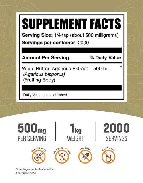 Load image into Gallery viewer, Bulksupplements White Button Mushroom Extract Powder - Herbal Supplement, Agaricus Bisporus Extract - Vegan, 500Mg per Serving, 1Kg (2.2 Lbs)
