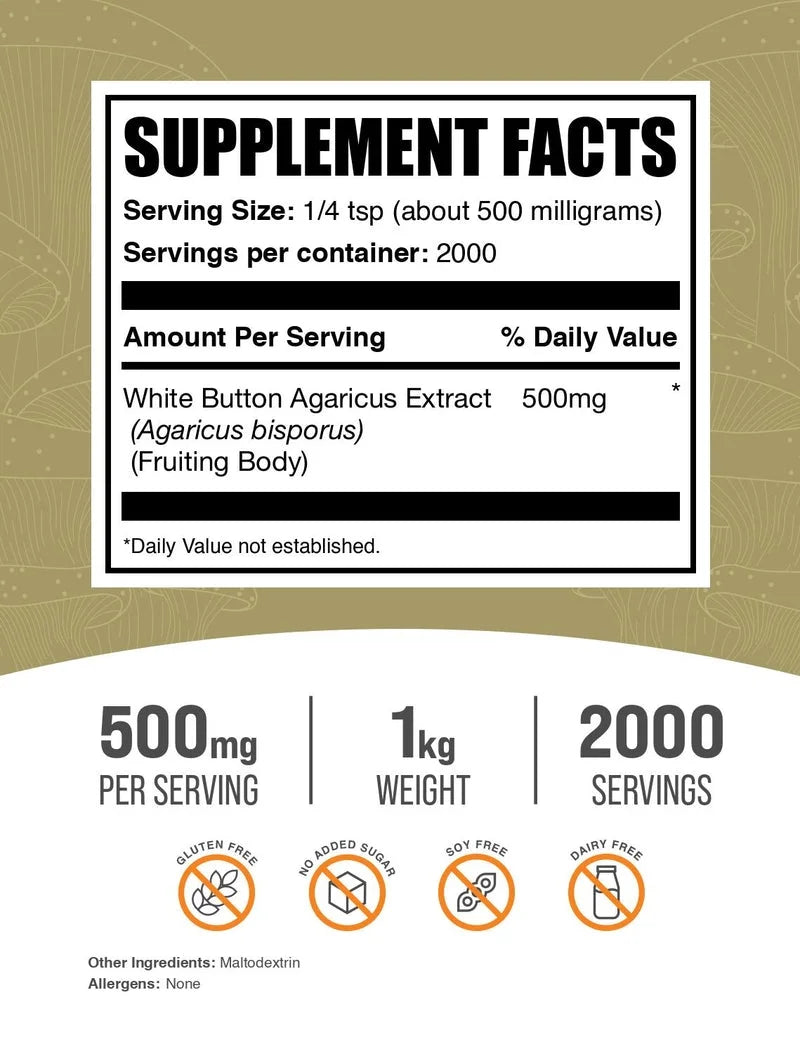 Bulksupplements White Button Mushroom Extract Powder - Herbal Supplement, Agaricus Bisporus Extract - Vegan, 500Mg per Serving, 1Kg (2.2 Lbs)