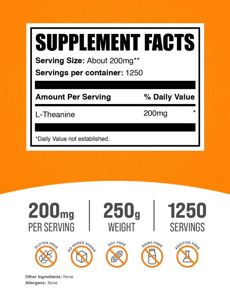 Bulksupplements L-Theanine Powder - Amino Acid Supplement, Theanine Supplement - Unflavored, 200Mg per Serving, 250G (8.8 Oz)