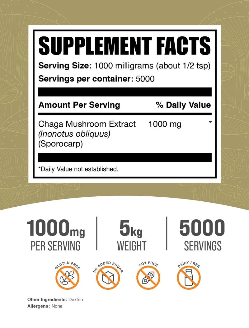 Bulksupplements Chaga Mushroom Extract Powder - Mushroom Supplement - Vegan & Herbal, 1G per Serving, 5Kg (11 Lbs)