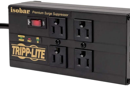 Isobar 4-Outlet Surge Protector Power Strip with 2 USB Ports, 8ft Cord, Right-Angle Plug, Metal Design, 3330 Joules Protection, Lifetime Warranty & $50K Insurance