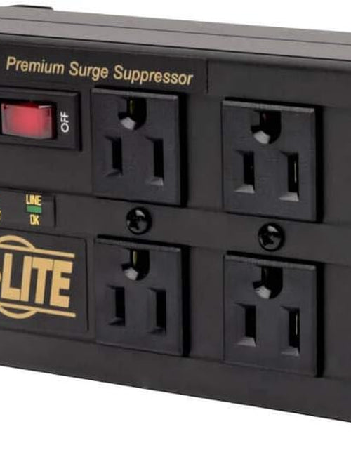 Load image into Gallery viewer, Isobar 4-Outlet Surge Protector Power Strip with 2 USB Ports, 8ft Cord, Right-Angle Plug, Metal Design, 3330 Joules Protection, Lifetime Warranty &amp; $50K Insurance
