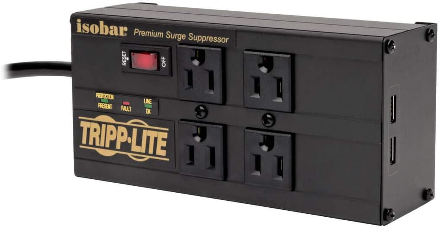 Isobar 4-Outlet Surge Protector Power Strip with 2 USB Ports, 8ft Cord, Right-Angle Plug, Metal Design, 3330 Joules Protection, Lifetime Warranty & $50K Insurance