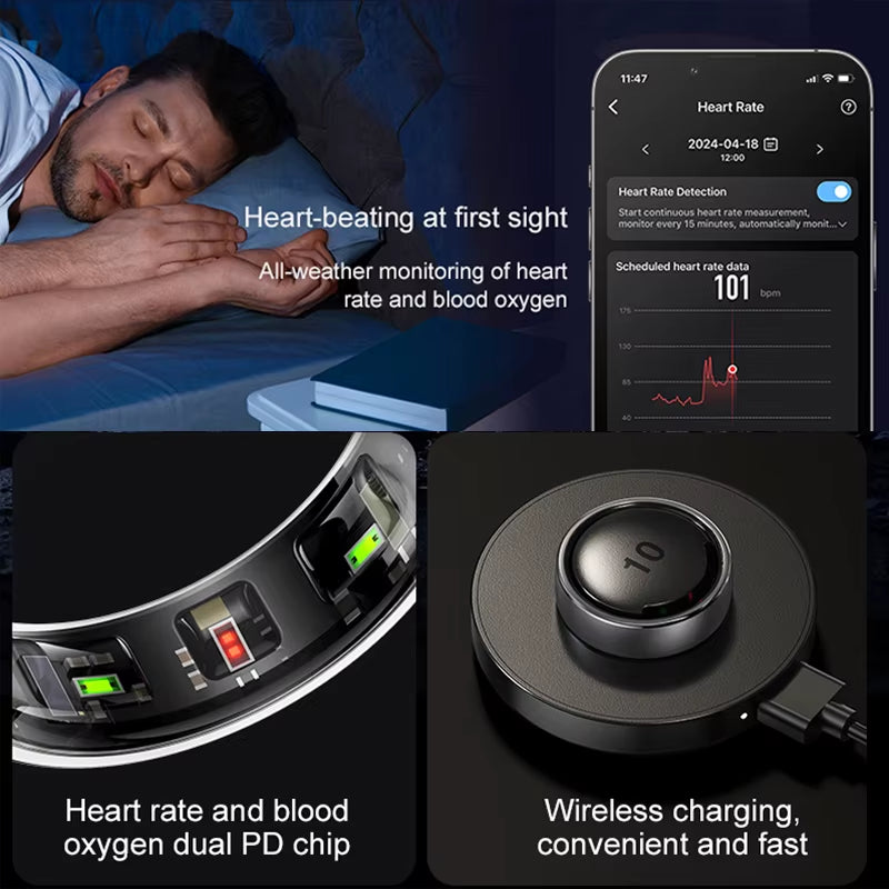 R10 Smart Ring: Wireless Charging Health & Sleep Monitor for Men & Women, Multi-Sport Modes Compatible with Android & iOS