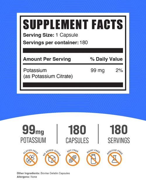 Load image into Gallery viewer, Bulksupplements Potassium Citrate Capsules - 1 Capsule per Serving (99Mg of Potassium), 180 Count

