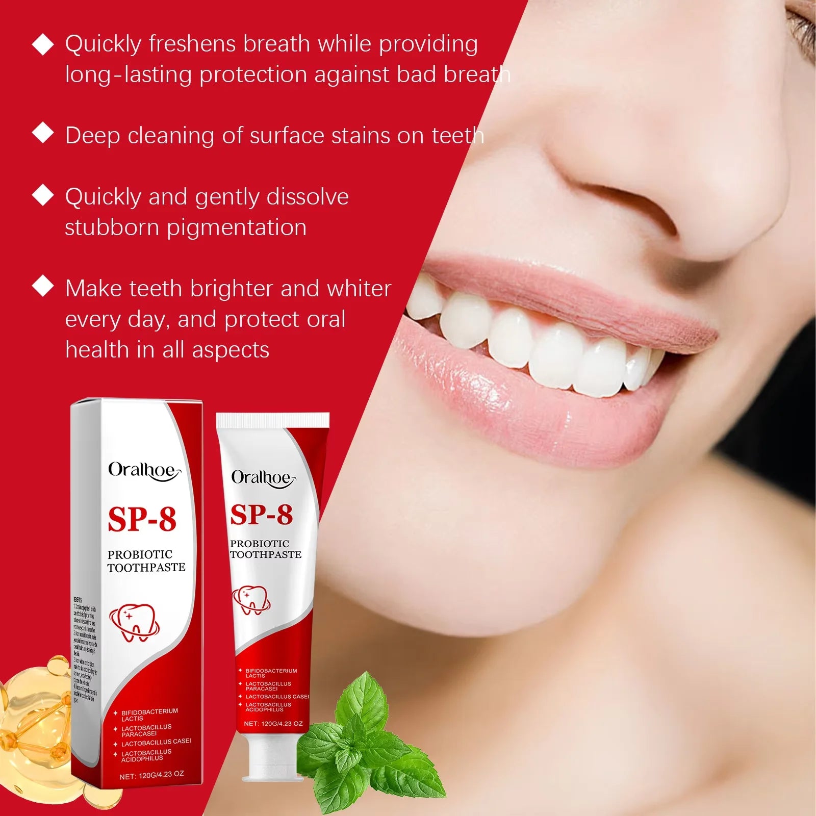 Sp-8 Probiotic Toothpaste - Brightening Mint Formula for Fresh Breath, Deep Cleaning, and Plaque Removal for Whiter Teeth
