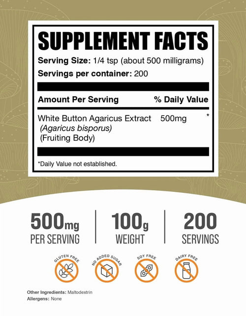 Load image into Gallery viewer, Bulksupplements White Button Mushroom Extract Powder - Herbal Supplement, Agaricus Bisporus Extract - Vegan, 500Mg per Serving, 100G (3.5 Oz)
