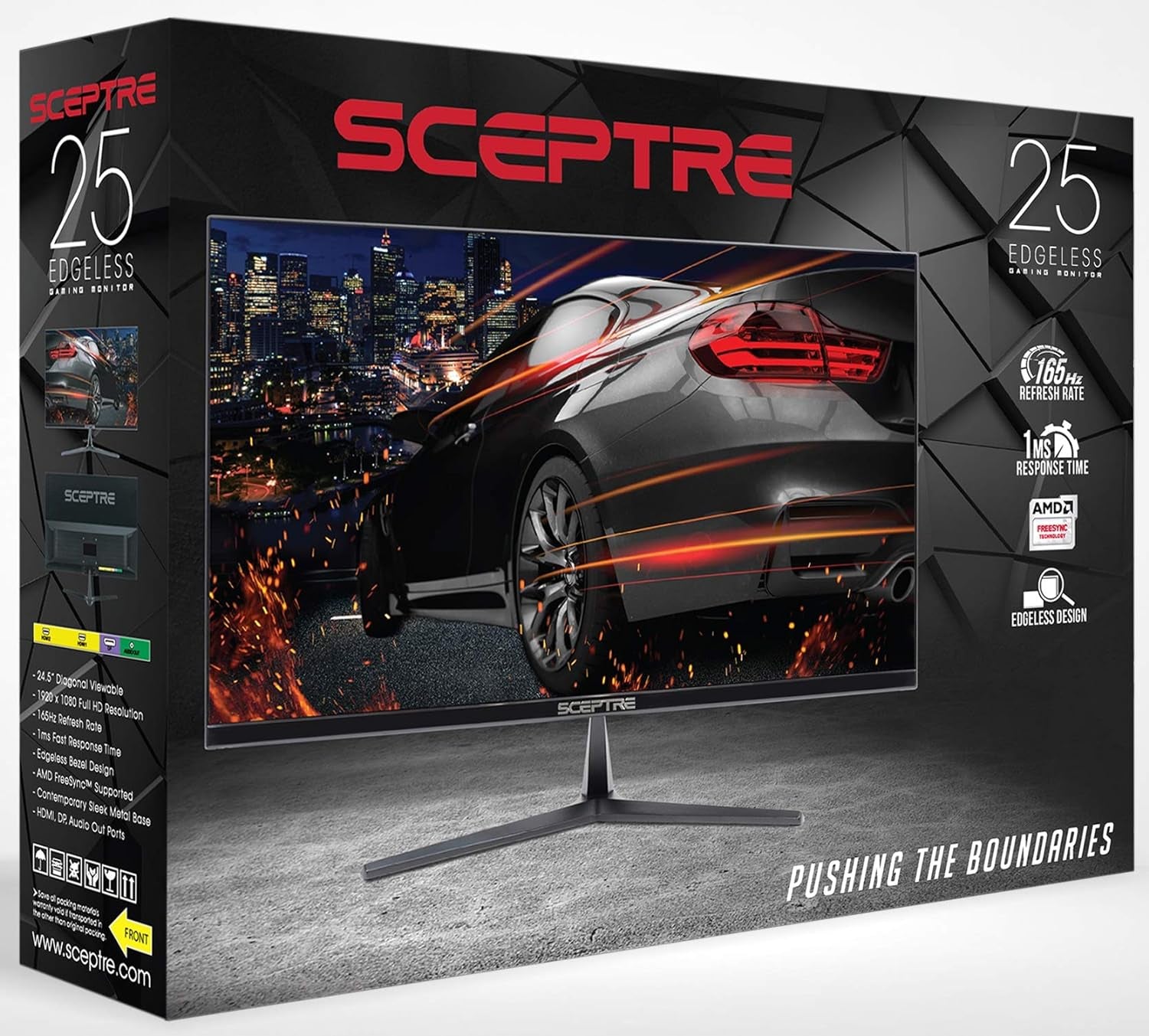 E255B-1658A 25" FHD 1080P 165Hz Gaming Monitor with AMD FreeSync, 1Ms Response Time, Dual HDMI & DisplayPort, Built-In Speakers - Sleek Metallic Black Design