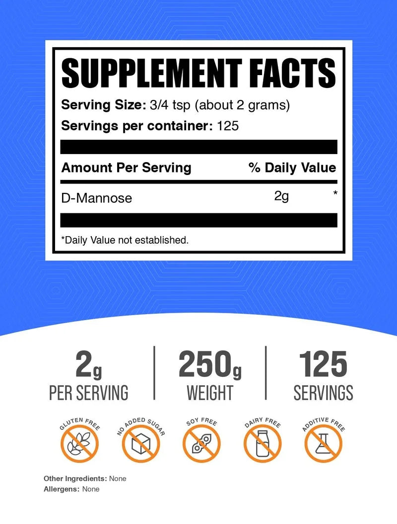Bulksupplements D-Mannose Powder - D-Mannose Supplement, Dietary Supplement - Unflavored, 2G per Serving, 250G (8.8 Oz)
