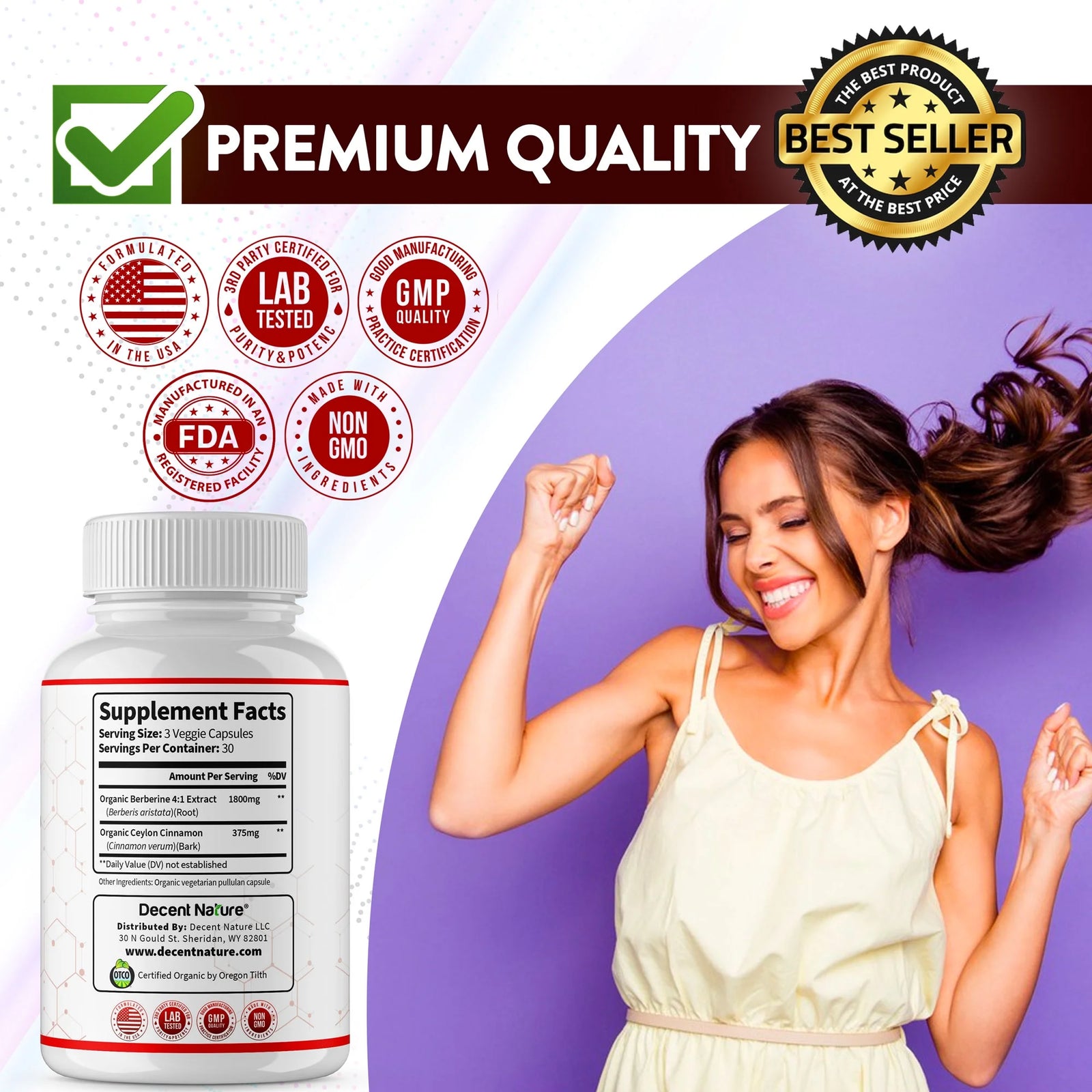 Organic Berberine with Ceylon Cinnamon 2175Mg Berberine Supplement 90 Capsules