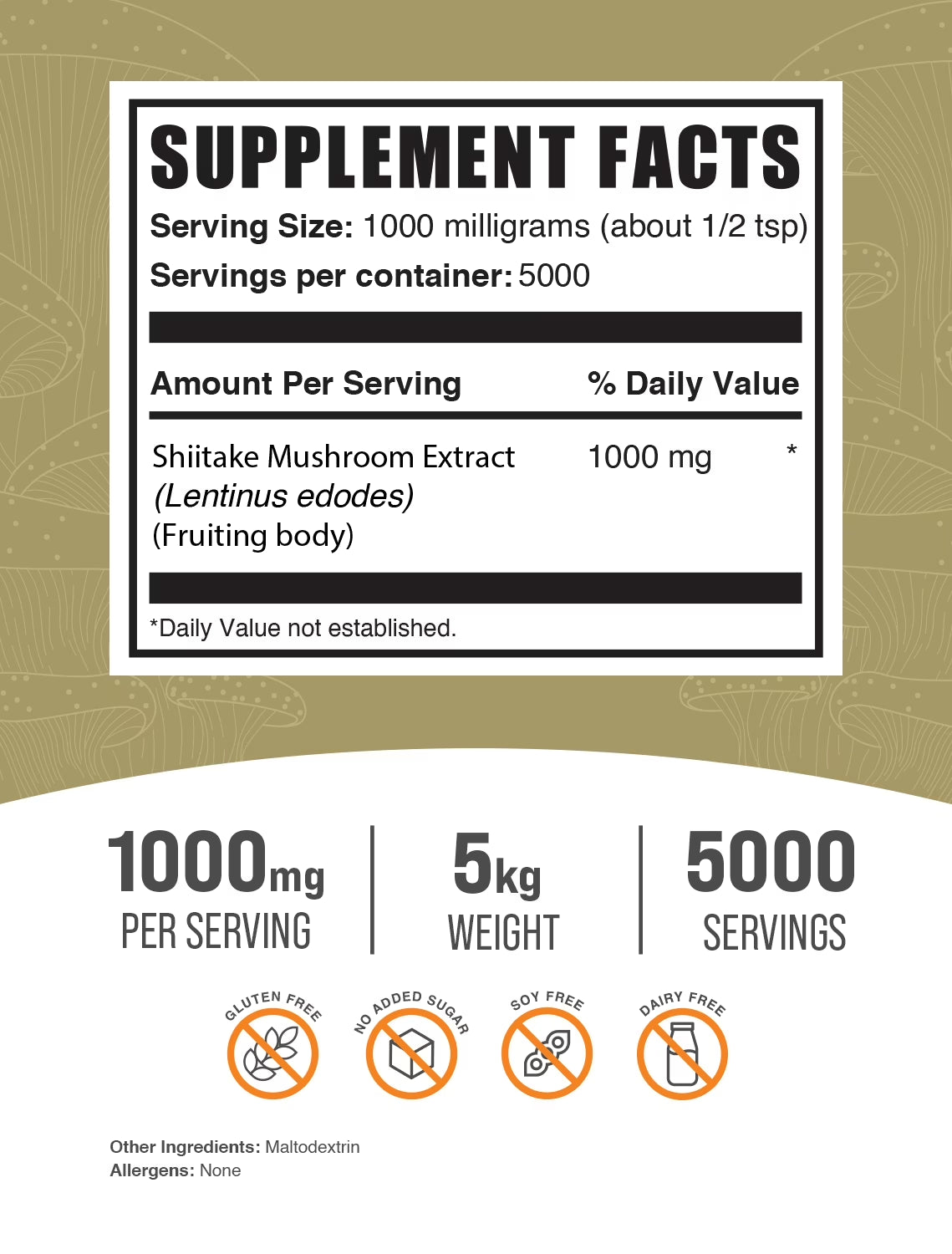 Bulksupplements Shiitake Mushroom Extract Powder - Mushroom Supplement, Vegan & Herbal - 1G per Serving, 5Kg (11 Lbs)