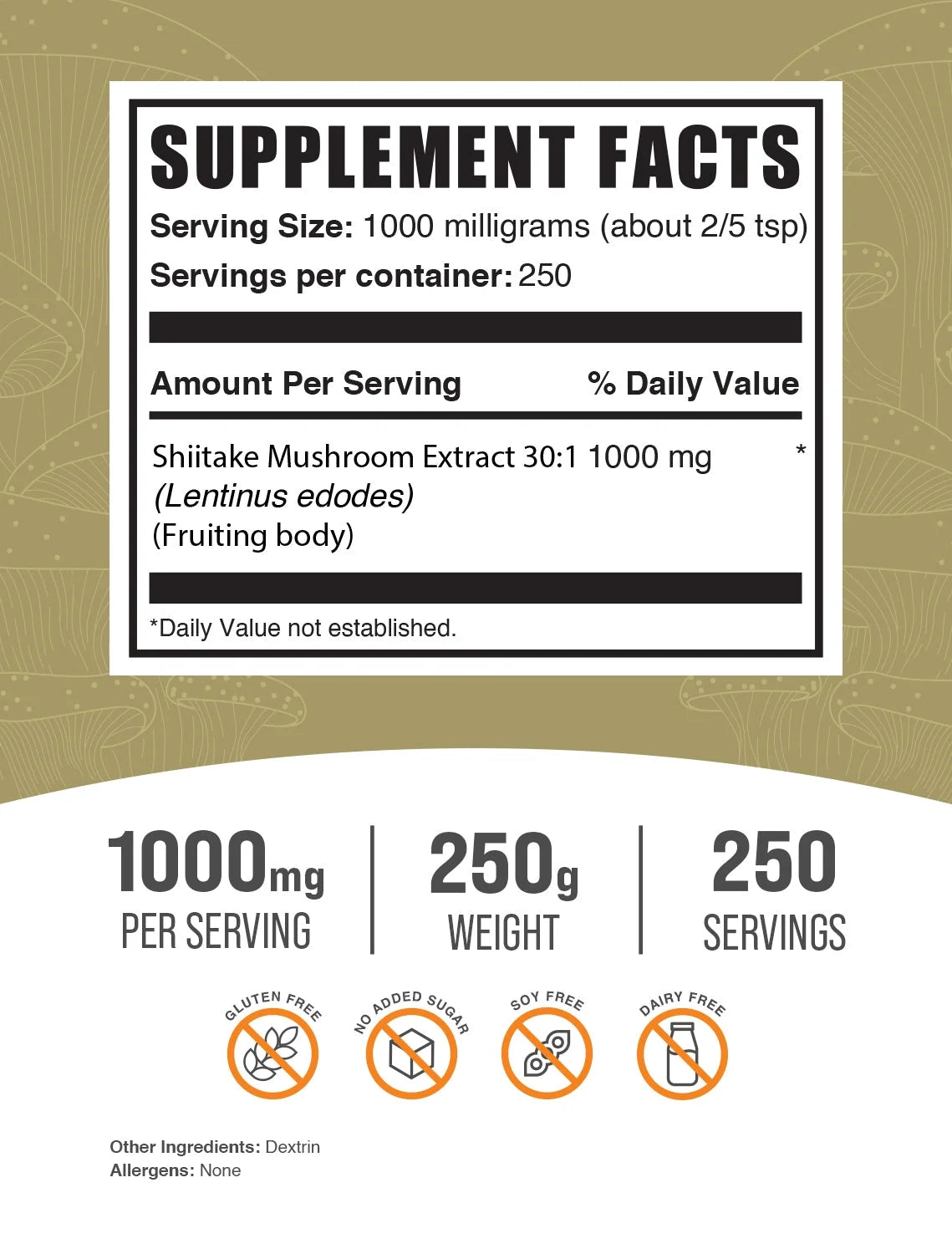 Bulksupplements Shiitake Mushroom Extract Powder - Mushroom Supplement, Vegan & Herbal - 1G per Serving, 250G (8.8 Oz)