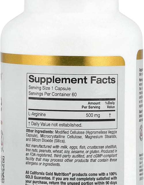 Load image into Gallery viewer, California Gold Nutrition L-Arginine, 500 Mg, 60 Veggie Capsules
