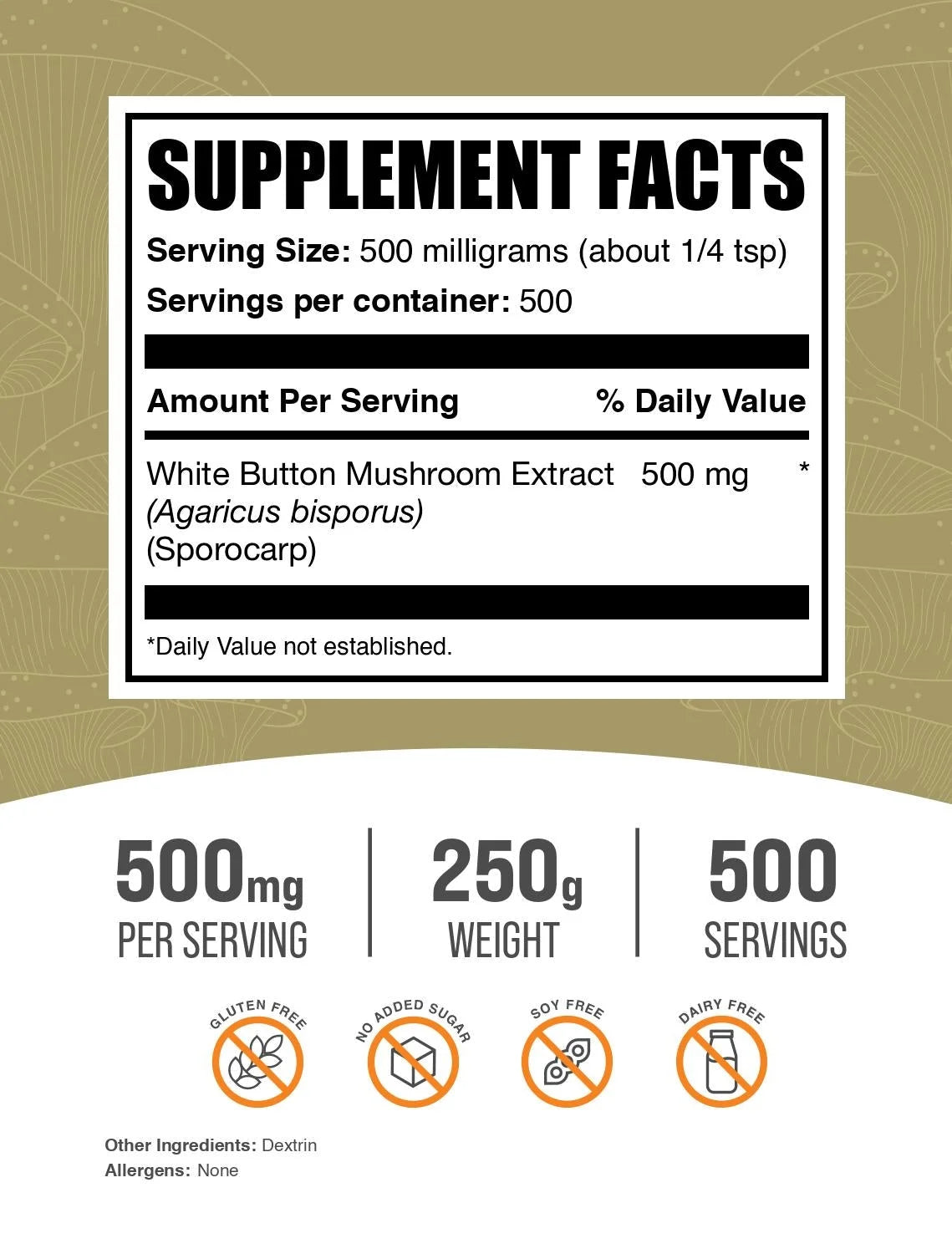 Bulksupplements White Button Mushroom Extract Powder - Herbal Supplement, Agaricus Bisporus Extract - Vegan, 500Mg per Serving, 250G (8.8 Oz)