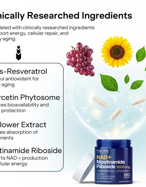 Load image into Gallery viewer, NAD Capsules Resveratrol Liposomal Nicotinamide Riboside Quercetin Vitamin B3 NAD Supplement for Women and Men anti Aging Boost Focus and Energy Cell Regeneration Supplement 120 Capsules
