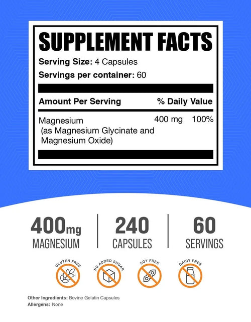 Load image into Gallery viewer, Bulksupplements Magnesium Glycinate Capsules - Easily Absorbed, Magnesium Supplement, 4 Capsules per Serving (400Mg Magnesium), 240 Count
