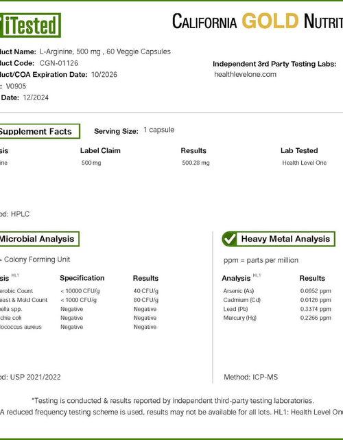 Load image into Gallery viewer, California Gold Nutrition L-Arginine, 500 Mg, 60 Veggie Capsules
